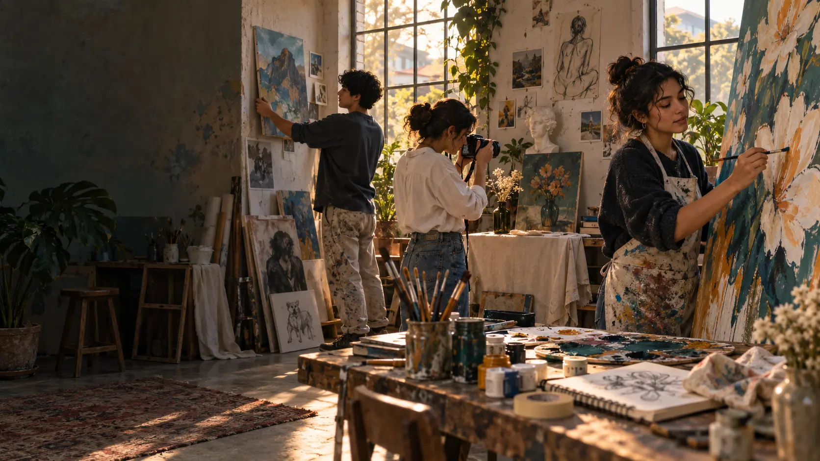 Estudiantes de arte trabajando juntos en un estudio universitario